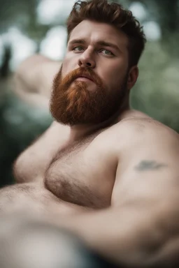 full figure photography, big chubby, 35mm lens, burly italan man short hair, 27 years old lying , red beard, with hands behind the head, hairy armpits, manly armpits, ugly and dirty, manly chest, hairy chest, big shoulders, muscular chubby, manly chest, shirtless, with bulging unbuttoned boxer, sad eyes, photorealistic , dim side light, ambient occlusion, in the dark , aerial view