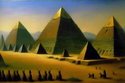 Pyramids with scarabs on them painted George Seurat