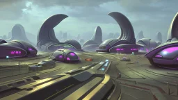 busy alien town, with people, alien buildings, curved roads, vehicles, and spaceships, from ground level