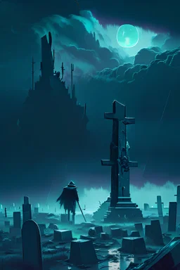 An image of a desolate graveyard under a brooding sky, a lone grave digger with a shovel, surrounded by abstract, futuristic elements. The open grave is filled with crisp, high-resolution stacks of money, conveying a sense of isolation and melancholy.