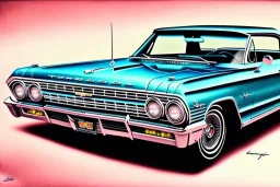 a true-to-life 1963 Chevrolet Impala, centered, intricate, extreme detailed, photorealism, center view, city background, pivot on chevrolet, pen and color marker painting by cheryl kelley