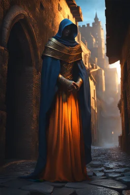 The ancient banshee Shadow of Death stalking the streets of a medieval city. Horror setting. fantasy art, blue and orange, gold, silver, copper, marble Cinematic lighting, Volumetric lighting, Epic composition, Photorealism, Very high detail, Character design, Unreal Engine, Octane render, HDR, Subsurface scattering