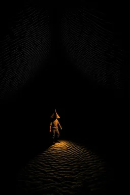 character in semi-darkness, on the scree cone of an underground room dimly lit by daylight coming from a well located forty meters above.