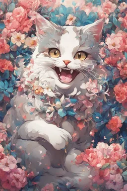 high resolution,best quality anime, highres,Full Body, 8k character concept,8k, pixiv, illustration, ultra-detailed, face focus,Line Art,Ink,acrylic painting,pastel painting,mysterious,elaborate,dof,Laughing cat with a bouquet of flowers,confetti of flowers, kawaii, thick eyebrows, smile, pastel colors, pop art, anime style, very delicate brushwork, clear, vivid, face Clear