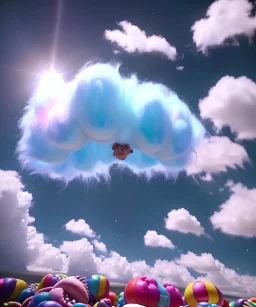 Ultra realistic speed clouds sky scene, wide angle view, sweet childs falling down, inflatable color clothing, free jumping flying, many trinkets, monster hair, hair monster, many jelly beans, balls, smile, happy, circus style, extreme, wind, clouds sea, 20,000 feet altitude, stratosphere, soft color, highly detailed, unreal engine 5, ray tracing, RTX, lumen lighting, ultra detail, volumetric lighting, 3d, finely drawn, high definition, high resolution.