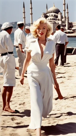 Marilyn Monroe in Istanbul beach walking gracefully,full body shot