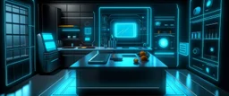 futuristic sci-fi kitchen board. Realistic photo. HD. Glowing. 3d style