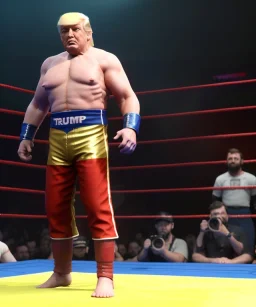 Donald trump wrestling fighter, naked torso, color breeches, suspenders, retro style, 80s, hot ambient, photo studio, red, gold, vibrant color, gradient, highly detailed, art stations, concept art, smooth, unreal engine 5, god rays, ray tracing, RTX, lumen lighting, ultra detail, volumetric lighting, 3d, finely drawn, high definition, high resolution.