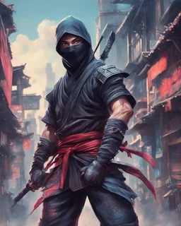 Hermoso dibujo coloreado de un Ninja, obra de arte, calidad ultra, maximalista, full body, 12k 3D, fondo de ciudad