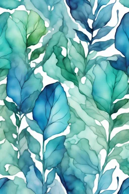 Alcohol ink art leaves pattern. Vibrant, fantasy, delicate, ethereal. Shades of blue and green, 8K