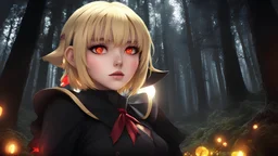 (masterpiece, high quality:1.3), (fisheye:1.25), a witch girl, 18 years old, hand on hips, (night, magical dark forest:1.3), (close-up, upper body:1.3), (solo:1.1), perfect slim body, red eyes, blonde short hair, bangs, elf ears, grin, (simple:1.1) blue dress, (black:1.1) leggins, witch hat, fireflies, sparkles, epic sky, moon, dynamic light, dynamic shadows, (from below:1.2)