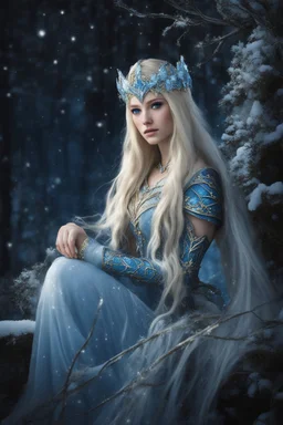 Elven princess,elven crown,long blonde golden hair,rapunzel hair,ice flowers,beautiful,light blue,dark blue,golden armor,sparkle,glitter,ice flowers,snow,elven ears,dark fairy princess