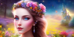 bright fairy, beautiful portrait, flowery landscape