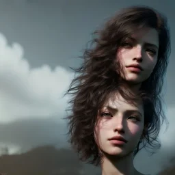 portraitt, brunette, curly hair, dark brown eyes, final fantasy, ethereal, 8k quality, highly detailed, galaxy sky, dynamic lighting, rdshift difusion, clouds hair