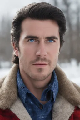 Blue eyes, close-up facial portrait - a Bright, well-lit UHD, 1080p 32k, photograph - winter time, hunting season, part Jesus Christ, part Elvis Presley with a mustache and short crew-cut hair, part Lee Majors, Part red and black checkered wool coat, blue jeans, cowboy boots, plaid shirt, sunbursts, crosses, 3D lighting, diamonds, hearts, Butterflies, Clovers, Roses, extremely colorful,