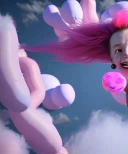 Ultra realistic speed clouds sky scene, wide angle view, sweet childs falling down, inflatable color clothing, free jumping flying, many trinkets, hair monster, many jelly beans, balls, color smoke, smile, happy, circus style, extreme, wind, clouds sea, 20,000 feet altitude, stratosphere, soft color, highly detailed, unreal engine 5, ray tracing, RTX, lumen lighting, ultra detail, volumetric lighting, 3d, finely drawn, high definition, high resolution.