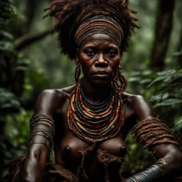 Behold the powerful alluring and pretty african congo shaman woman, her body adorned with with rutual paintings, in the middle of congo jungle. intricate details, HDR, beautifully shot, hyperrealistic, sharp focus, 64 megapixels, perfect composition, high contrast, cinematic, atmospheric, moody