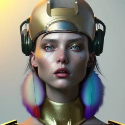 woman, rounded face, round grunge helmet, decorative color feathers, retro futuristic, latex coat, soft color, highly detailed, art stations, concept art, smooth, unreal engine 5, god rays, ray tracing, RTX, lumen lighting, ultra detail, volumetric lighting, 3d, finely drawn, high definition, high resolution.