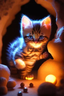 extremely cute glowing kitten is playing in a cave with balls, fantasy highly detailed photorealistic very attractive beautiful