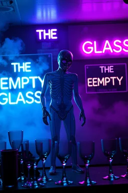 An "empty sad man" performing at dance club, his name is "Körven" Very sad looking and body and head is made of glass, empty glasses on stage, Neon lights and smog, "THE EMPTY GLASS" sign on the wall