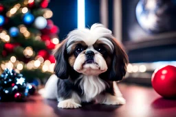 fluffy big eyed baby shih-tzu as sith lord in the big hall in second death star with few space ships and a view to a star wars planet, and christmas tree and sith gifts, cinematic eye view