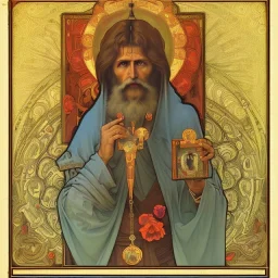 patron of photographers holding a camera in one hand and film roll in the other. orthodox icon with saint photographer. Cyrillic inscriptions. hyperdetailed, Alphonse Mucha, Zdzisław Beksiński, poster, illustration, ink, oil on canvas, 18th century atlas