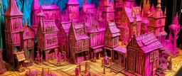 A magenta magical town made out of wood painted by Vincent van Gogh