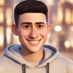 a portrait of smiling young cute western man. caricature. black hair. short buzz cut hair style. light skin. dark eye pupils. small eyes. black thick eyebrow. small short round face shape. a bit small goatee, without moustache. big nose. thick mouth. white sweater hoodie. pixar style. 3D. 4k. portrait. highly detailed. sharp focus. high resolution. full color. cinema lighting