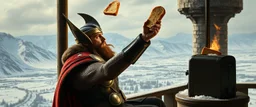 Movie poster portrait. The mighty God Thor sees the toaster on a pole, spit out a slice. The bread is jumping over his head. In the style of Rembrandt and "Gods of Fallout 4". He is sitting on the balcony of his castle, with a great view over the frozen valley. He is trying to grab the bread quickly. "Fali' ja."