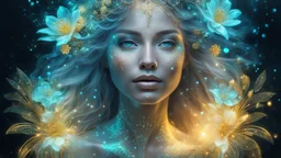 The photo is done in a bioluminescent and bioluminescent art style depicting a divine woman, Bioluminescent dewy translucent glowing skin, ethereal glowing eyes, long neck, perfect face in ultra-realistic details, flowing hair, double exposure, flower, The composition imitates a cinematic film with dazzling, gold and silver lighting effects. Intricate details, sharp focus, crystal clear skin create high detail. 3d, 64k, high resolution, high detail, computer graphics, hyperrealism, f/16, 1/300 s