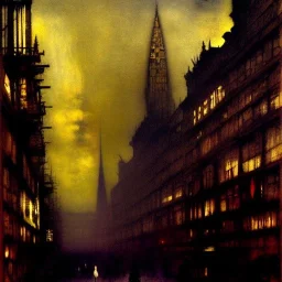 Metropolis Skyline ,dark colours, watercolor, volumetric wool felting, macro photograph , by john atkinson Grimshaw, detailed painting,matte painting, alphonse mucha, greg rutkowski