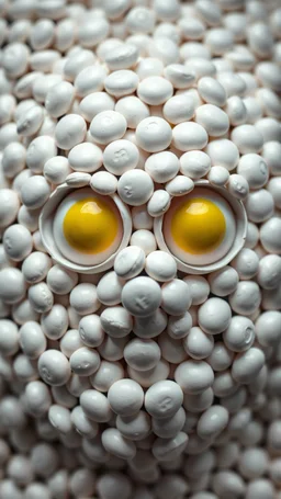 A balled face in details . The texture of the face is a collage of many 3D white random m&m candy covering the whole face and the eyes are covered by two eggs