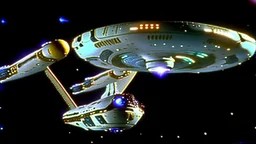 a screen capture from a star trek movie of a battle-damaged starship enterprise IN the year 2380 IS IN A BATTLE with monster ufos sci-fi meticulous, highly-polished, photorealistic, studio production, intricately detailed, GALACTIC, directed by gene Roddenberry,