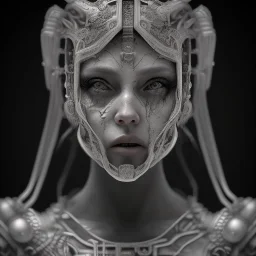 A viking girl with a mask, hr giger, scary, steam punk, realistic, made in octane, cinematic, ultra-realistic, extremely detailed octane rendering, 8K, VRAY Super Real ar 2:3, dof photorealistic futuristic 50mm lens hard lighting dark gray tintype photograph, realistic lighting, sepia color