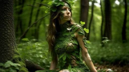 woman made of tiny green leaves, legs and arms made from branches, sitting next to a tree stump, in an green wood