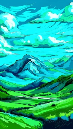 blue green sky, mountains, anime style, in the style of vincent van Gogh