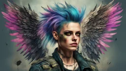 beautiful Punk, Angel 35 years old, wings, portrait, military clothes, old torn canvas, mystical, bright colors, creative hairstyle, fine rendering, high detail, 8K