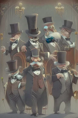 Professor knuckles and his band of very elderly musicians, all dressed in tuxedos and top hats.