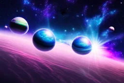 cosmos, planets, ufo blue metallic, sky stars, sky blue pink, light