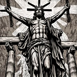 crucified on the cross christ liberty hybrid tone, american flag robes, line tone ,woodcut, engraved, wall street journal style, statue of cruicified Jesus of Liberty with a beard and wearing a cross and hanging from a cross, The statue male, hyperdetailed intricately detailed photoillustration ink drawing dystopian 8k resolution entire body of the statue is in the picture. digital illustration telephoto lens photography , same colors as the us treasury's one dollar bill, crucified"