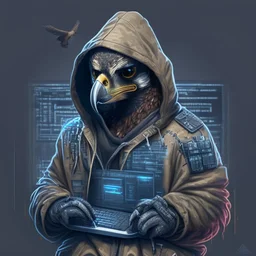A falcon as a military hacker using a hoodie and hacker gadgets
