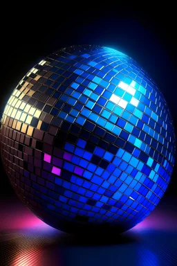 Generate a Pixar-style 3D image of a disco ball and spot light, isometrically positioned with detailed textures and diffused lighting, against a dark background for a bright, welcoming feel.