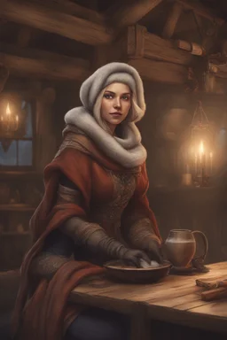 DnD style, medieval beautiful woman dressed in warm winter clothes sitting in a tavern