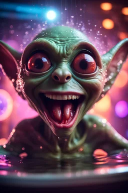 portrait through dirty warped lens of ultimate transcendent happy disco pimp gremlin vampire alien frown with spotlights and huge dripping tounge sticking head out of a bathtub portal, in front of space portal dimensional glittering device, bokeh like f/0.8, tilt-shift lens 8k, high detail, smooth render, down-light, unreal engine, prize winning