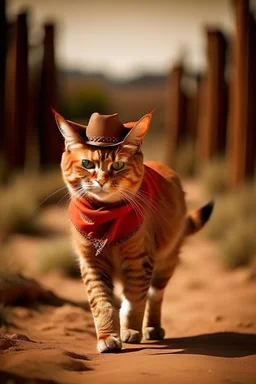 gato de colorado, caminando, vestido de cowboy, dentro de el lejano oeste. clima desértico, flora autóctona