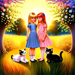 An elegant vertical painting suitable for a children's book cover or poster. Two young girls — one blonde, one redhead — in richly colored vintage dresses stand in a garden glowing with sunset light. Around them, three kittens rest peacefully: black, white, and ginger. The background shows softly glowing sky, flowers, and golden grass. The top third of the image is softly faded with light bokeh, creating space for a Hebrew or English title. The texture includes brush strokes, light craquelure, a