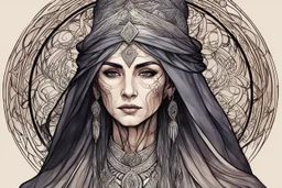 create an ethereal, darkly magical full body illustration of an epic aged female Andalusian sorceress with highly detailed and deeply cut facial features, in the style of CHARLES RENNIE MACKINTOSH, combined with searing lines and forceful strokes, precisely drawn, boldly inked, and darkly colored