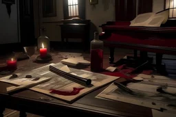 evening ballroom. a piano with some documents on it, broken wine and wine glass, candle stick, revolver, bullets and some trace of blood on floor