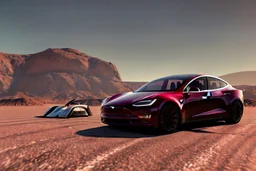 A Tesla 'Model S' is parked, in the Mojave Desert. (CINEMATIC, WIDE ANGLE LENS, PHOTO REAL)