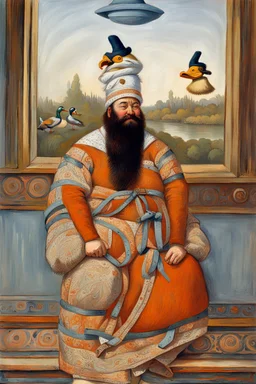 big fat Hairy man with a duck hat.19th painting